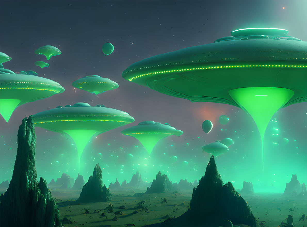 Surreal landscape with towering mushroom-like structures under starry sky