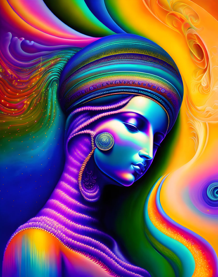 Colorful Digital Art: Woman in Profile with Psychedelic Patterns