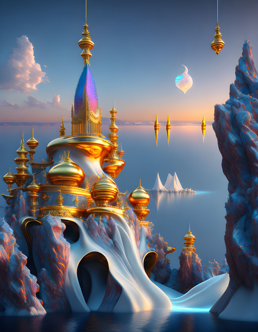 Golden palace with spires on cliff, floating islands, tranquil ocean at sunset