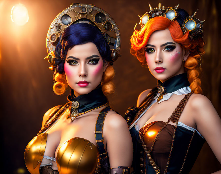 Two Women in Stylized Steampunk Costumes with Elaborate Headgear, Wigs