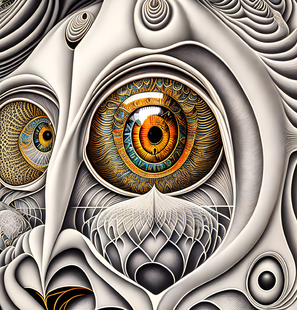 Detailed surreal illustration: intricate eyes with patterns and textures in monochromatic color scheme, vibrant iris.