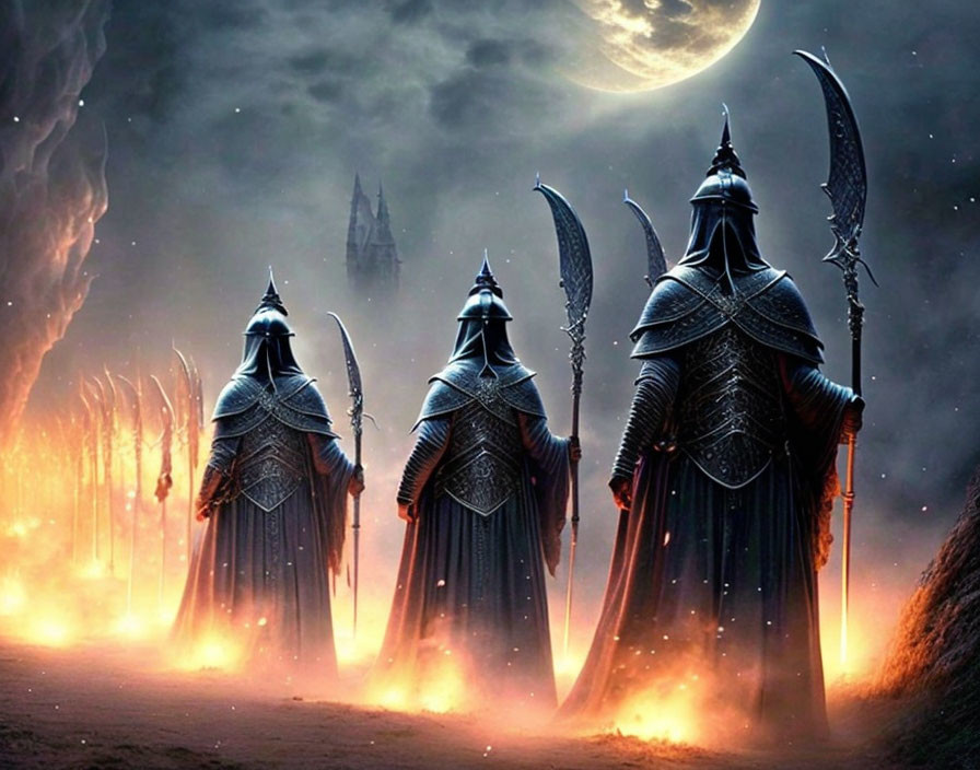 Armored figures with spears in fiery landscape under night sky