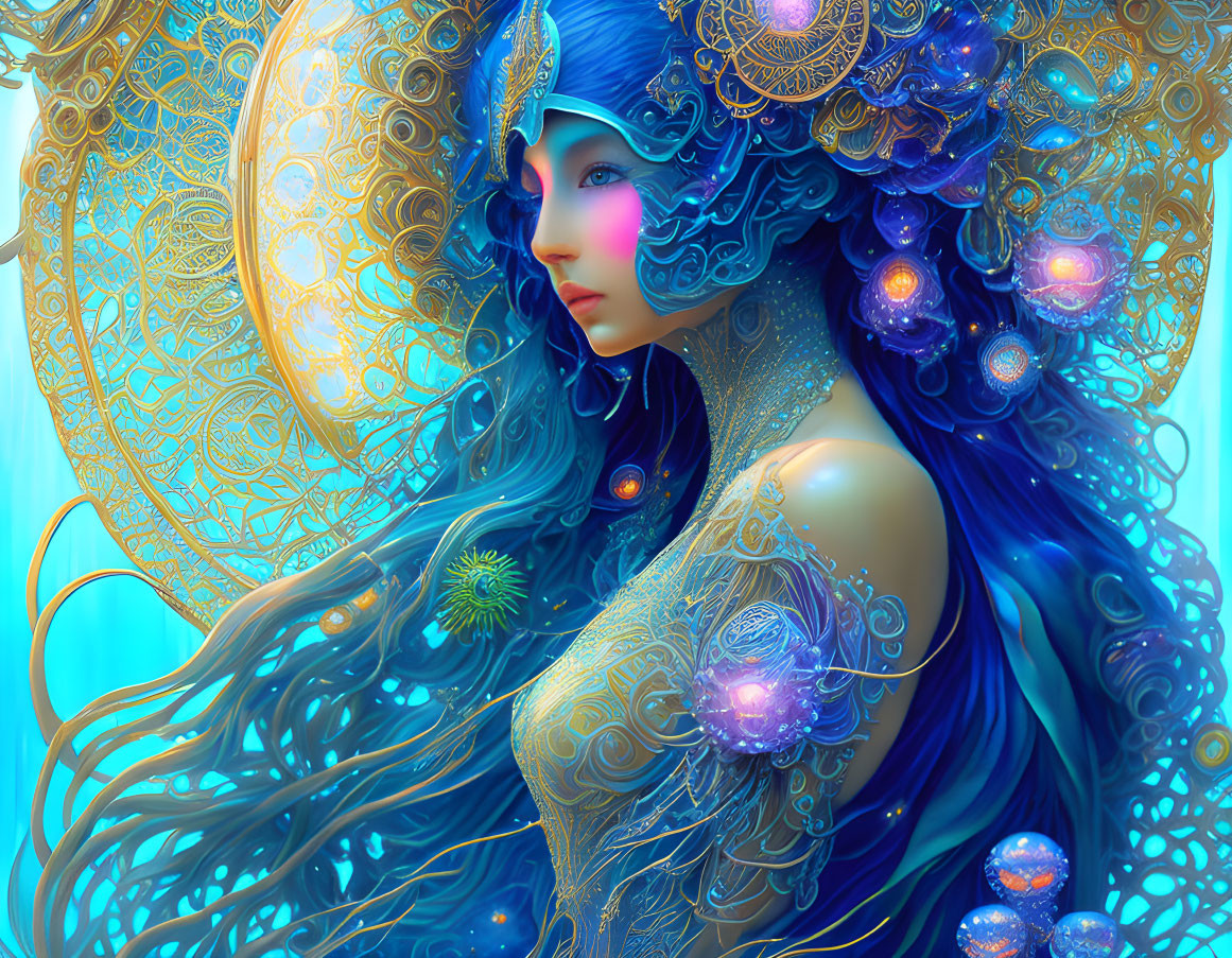 Blue-haired female figure with gold accents in ethereal setting