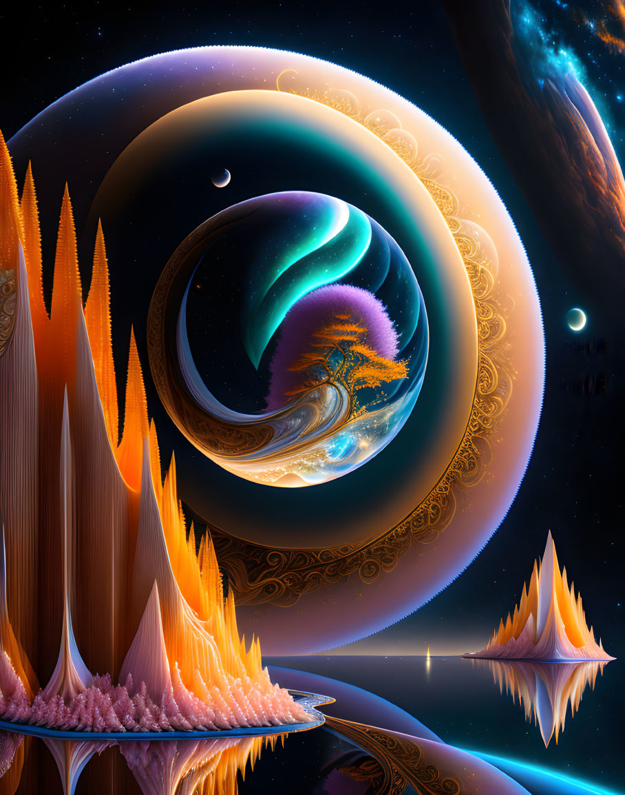 Surreal cosmic landscape with fiery peaks and celestial bodies