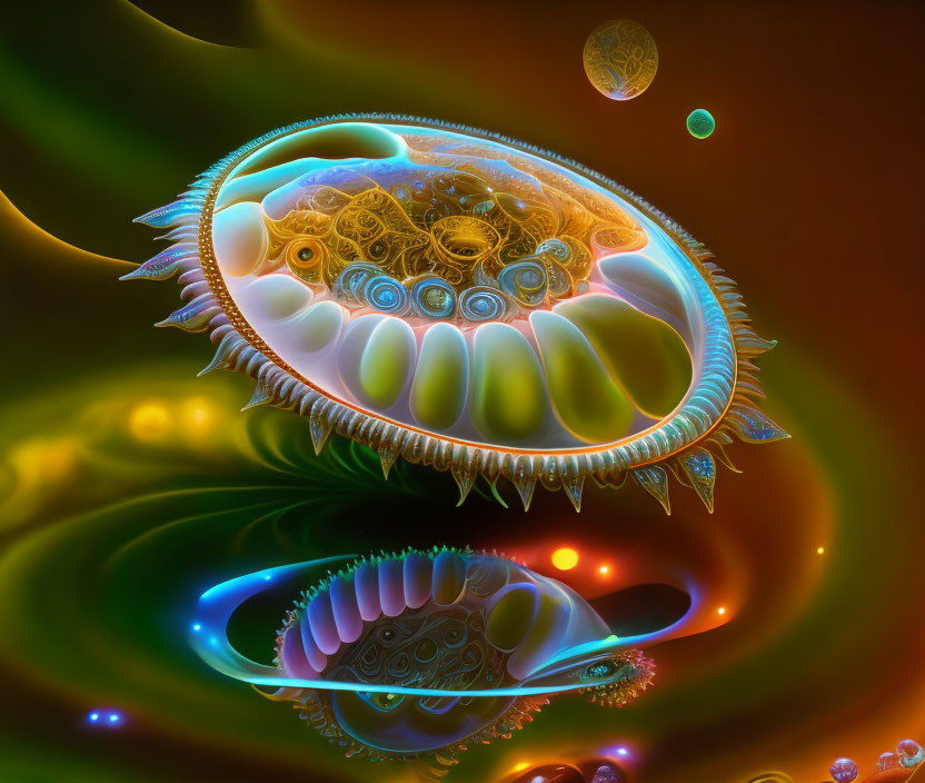 Abstract digital artwork: Intricate circular form with vibrant colors