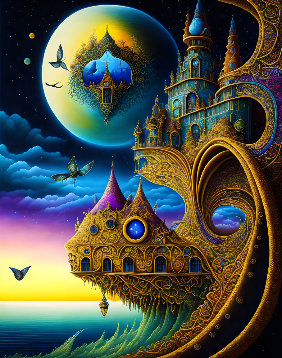 Fantasy illustration of golden castles, floating islands, and butterflies under a starry sky