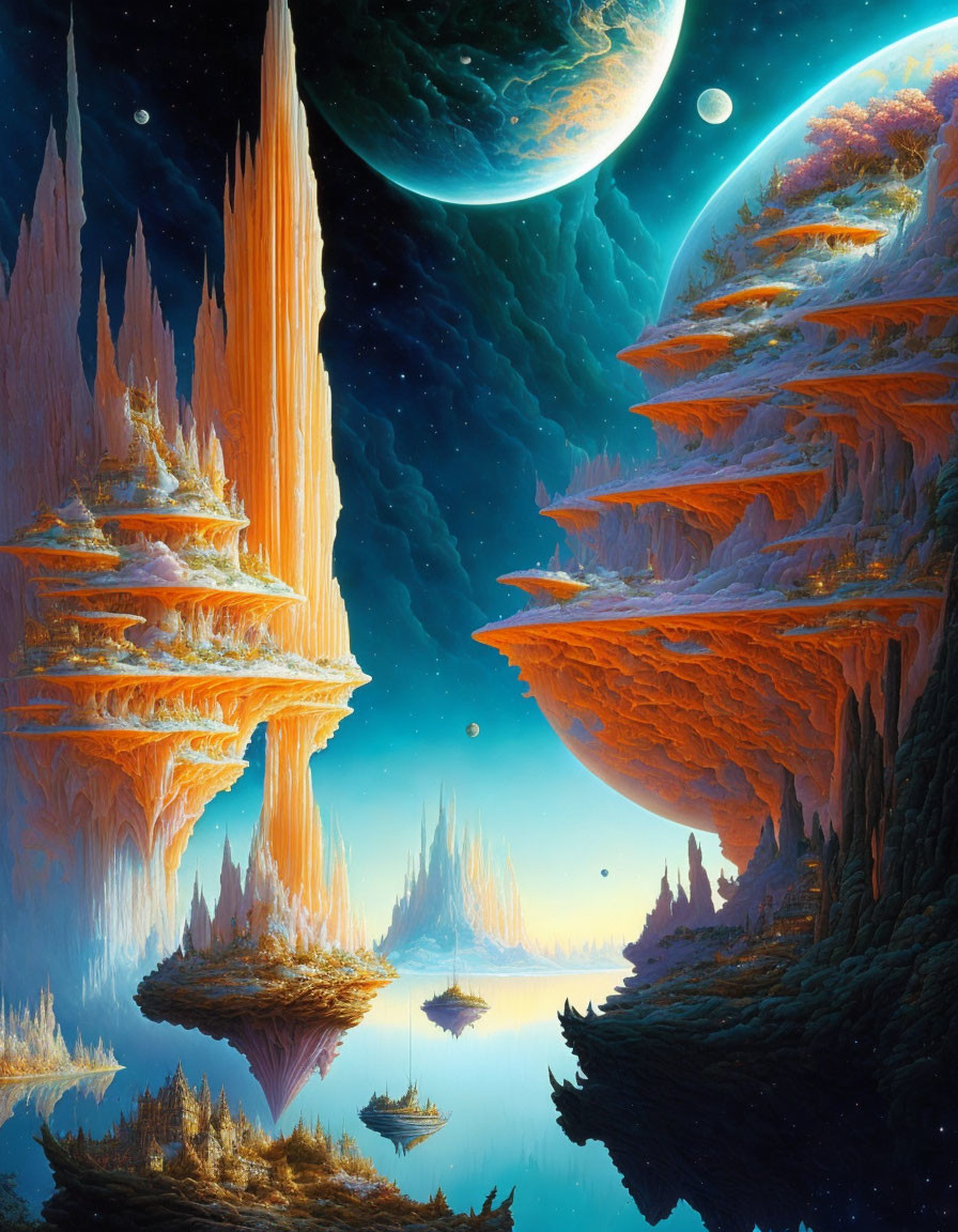 Vibrant sci-fi landscape with orange rock formations, lush greenery, and celestial sky.