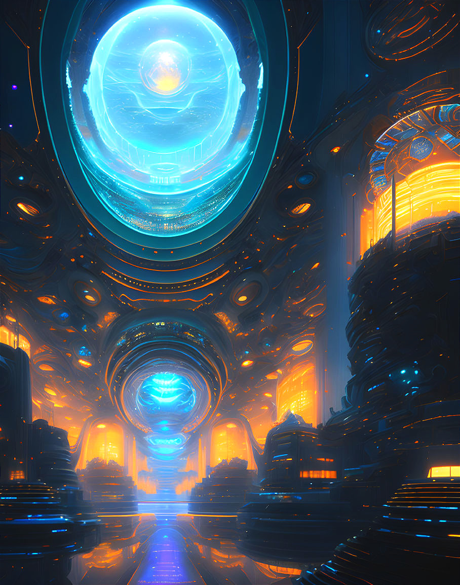 Futuristic vertical cityscape with glowing lights and cylindrical structures