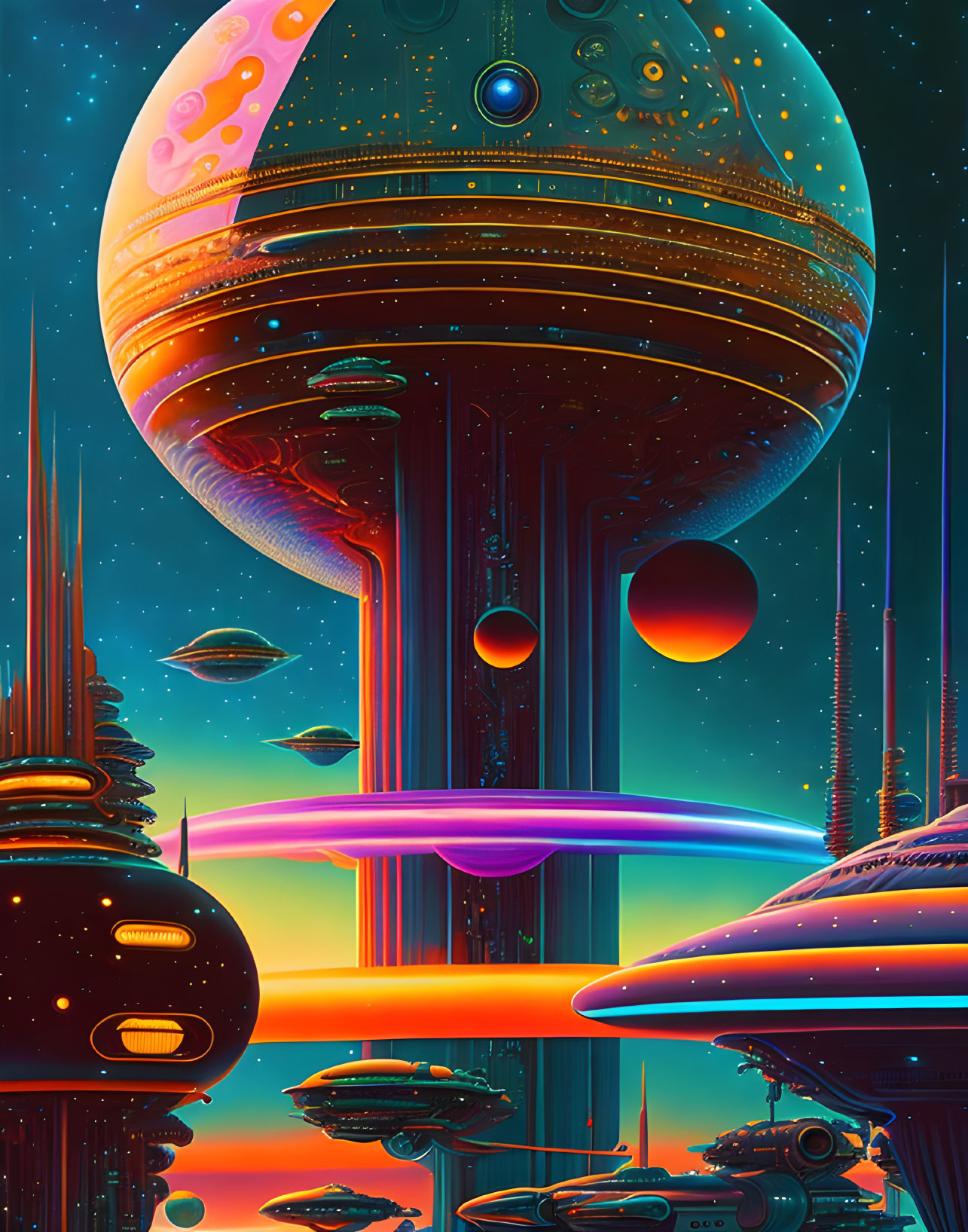Futuristic space scene with colorful planets and structures