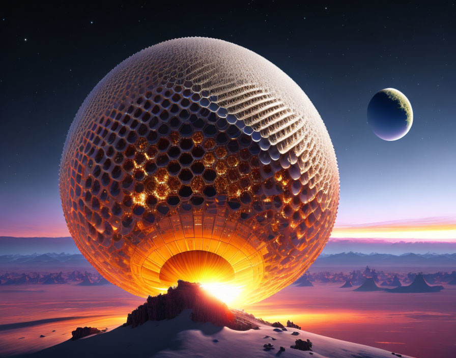 Sphere-shaped structure hovers over snowy landscape at sunset