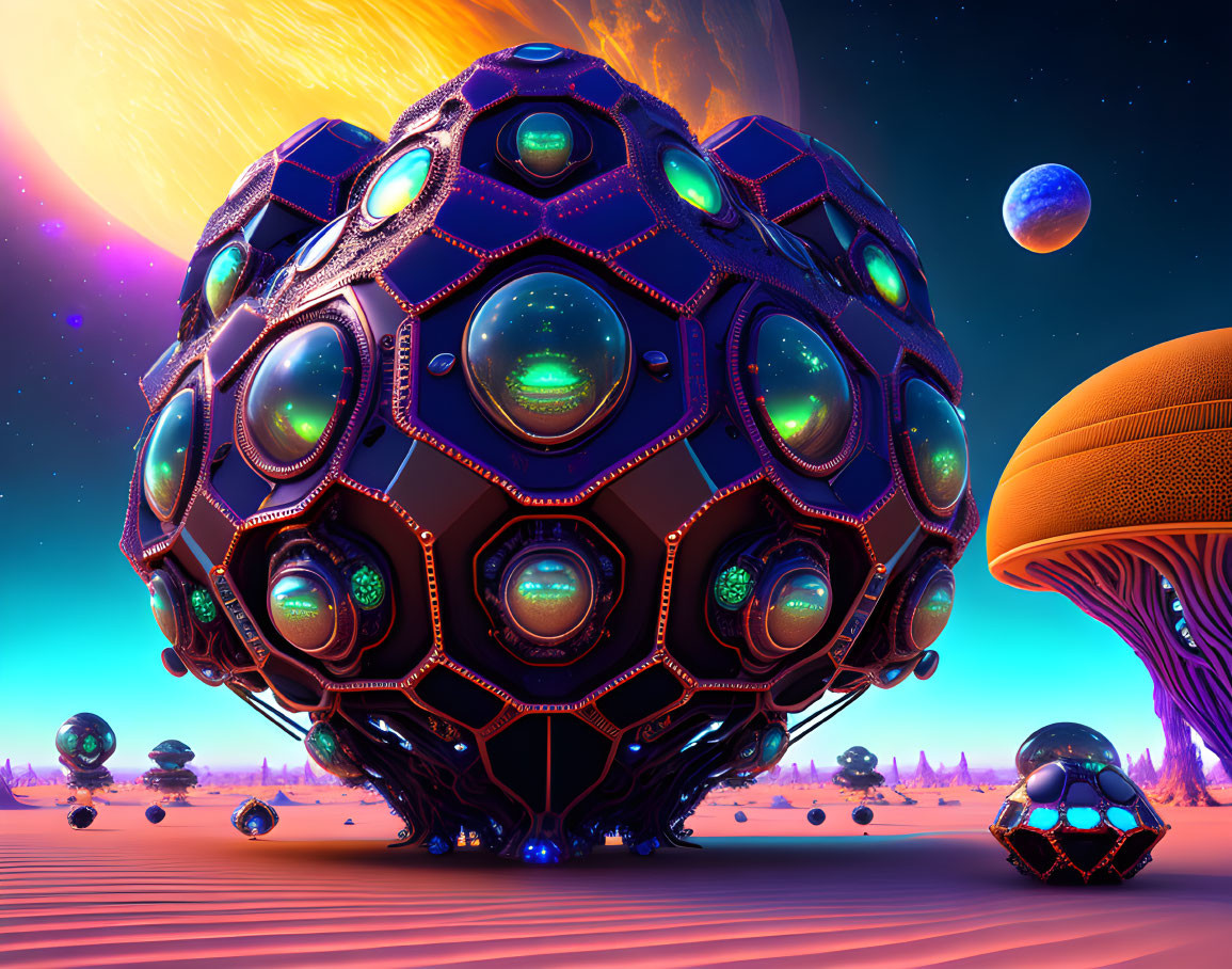 Intricate designs on spherical structure in alien desert under purple sky
