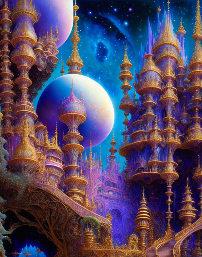 Fantastical Cityscape with Golden Towers and Celestial Body