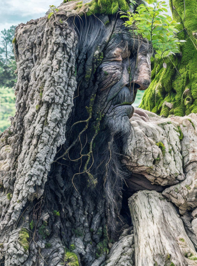 Tree Bark Artistic Illusion: Human Face with Moss and Vines