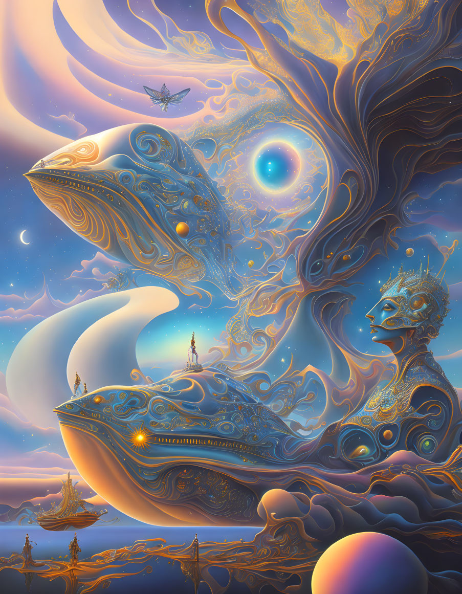 Vibrant surreal artwork: ethereal being, whale-like form, intricate patterns, human figure on