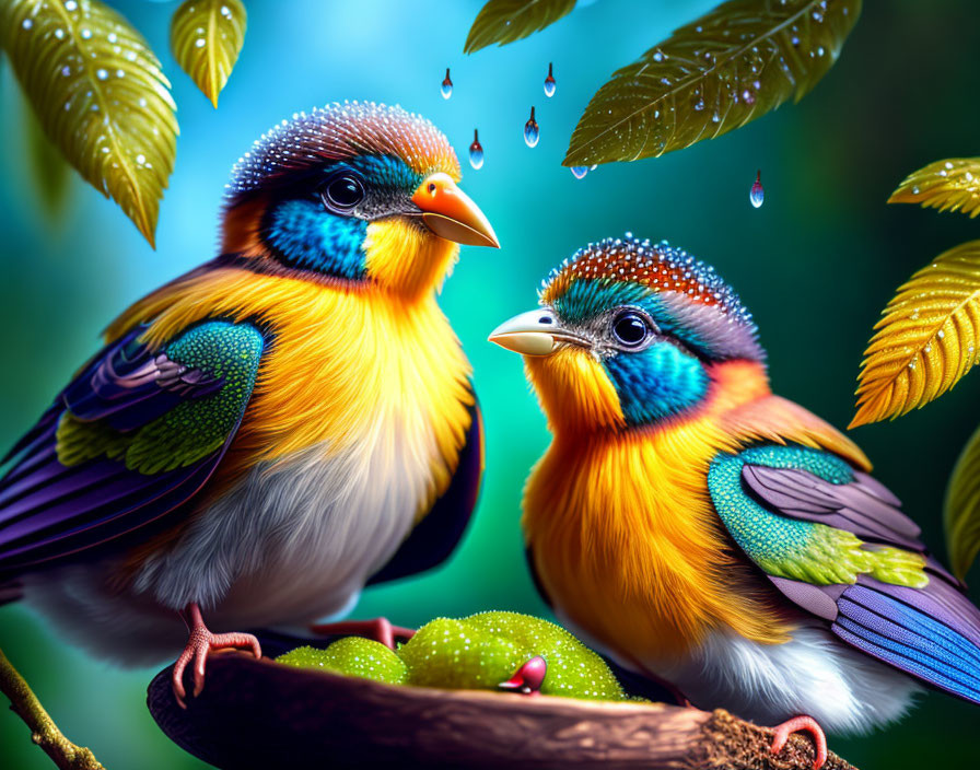 Colorful Birds with Intricate Feather Patterns Perched on Branch among Green Leaves