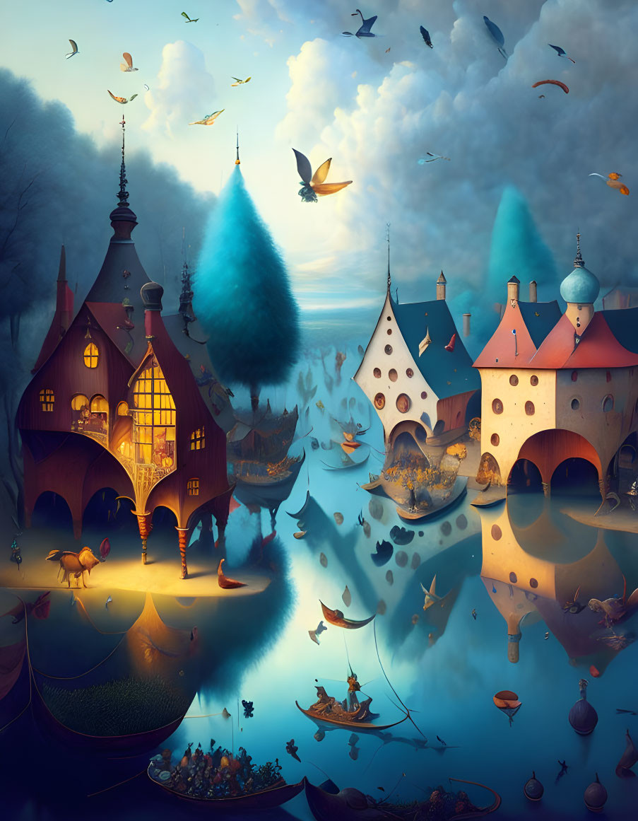 Whimsical fantasy landscape: twilight scene with colorful trees, smooth water, boats, and birds in