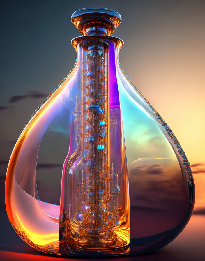 Futuristic glowing glass flask against warm sunset background