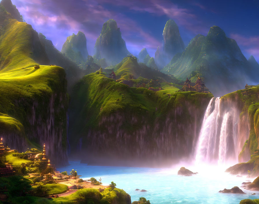 Vibrant fantasy landscape with mountains, waterfalls, and village under a glowing sky