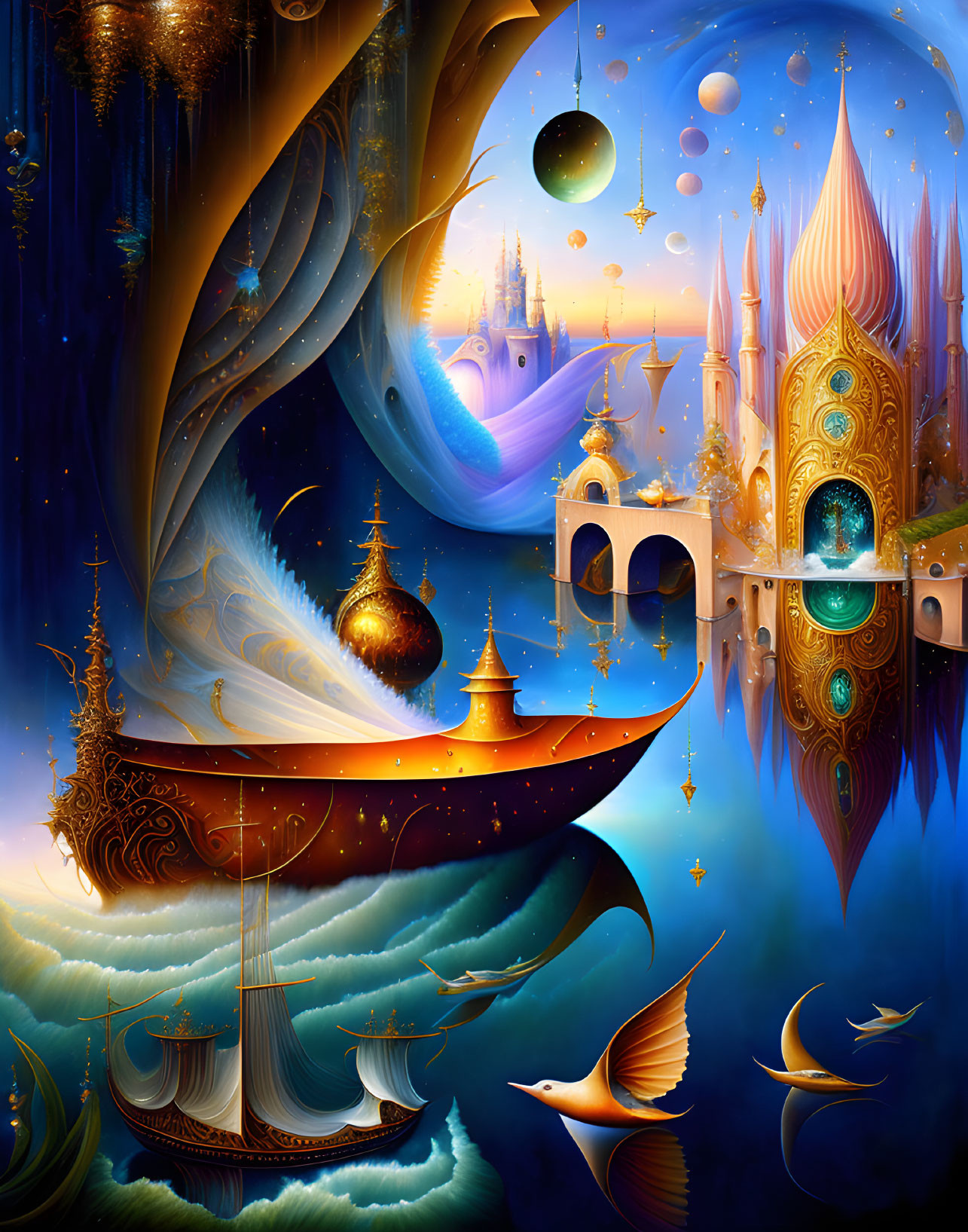 Surreal Dreamscape with Majestic Ship and Cosmic Sky