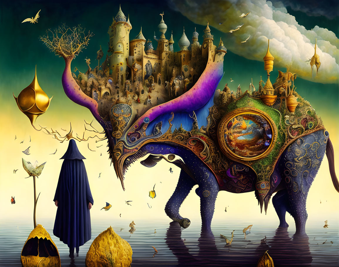 Surreal artwork: cloaked figure, giant elephant, fantastical castle, birds, floating objects