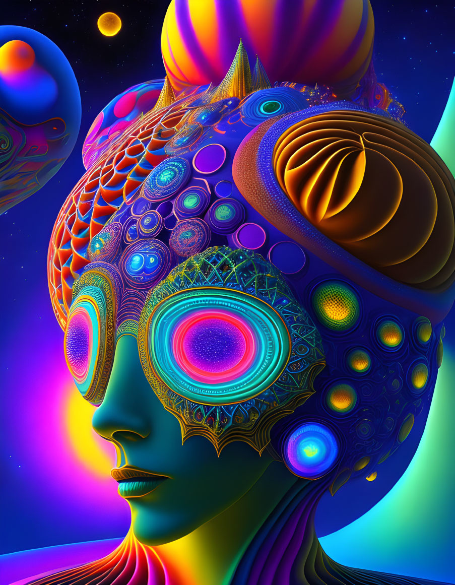 Colorful digital artwork: surreal figure with patterned headpiece in cosmic setting