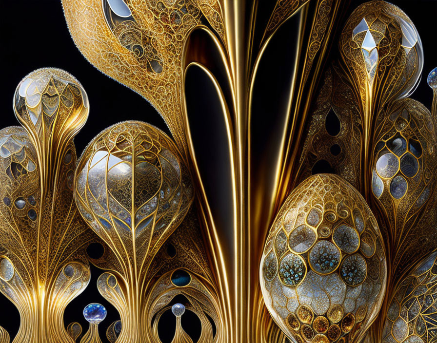 Intricate Golden Fractal Design with Gem-like Elements on Dark Background