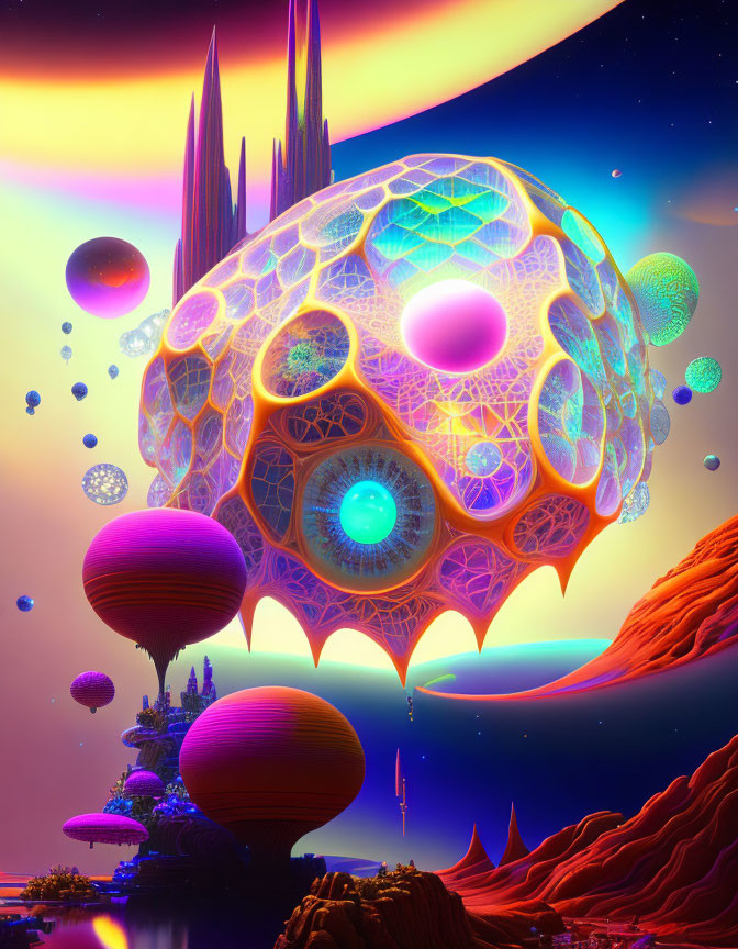 Surreal dome structure in vibrant, alien landscape