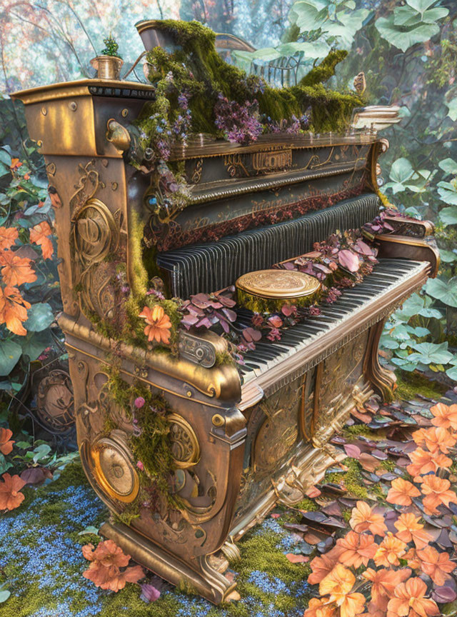 Vintage piano covered in moss and flowers in forest setting