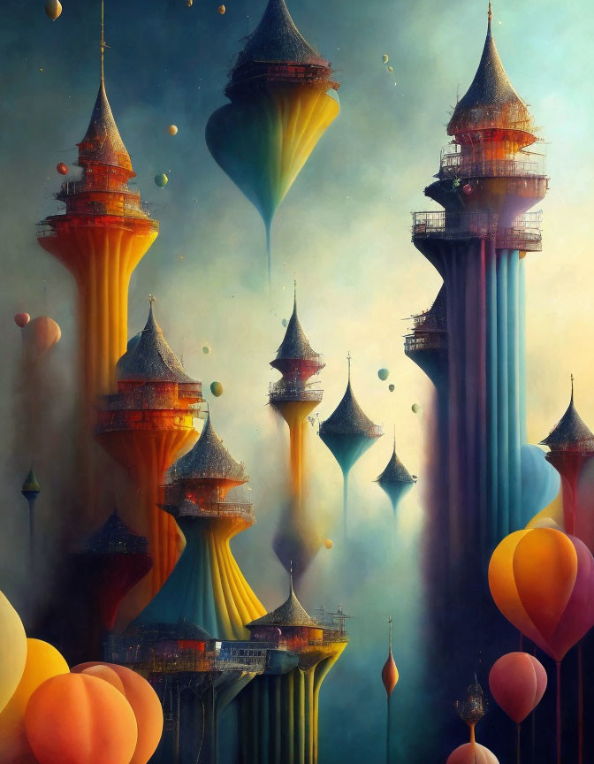 Surreal landscape: floating towers, spires, thin bridges, colorful balloons