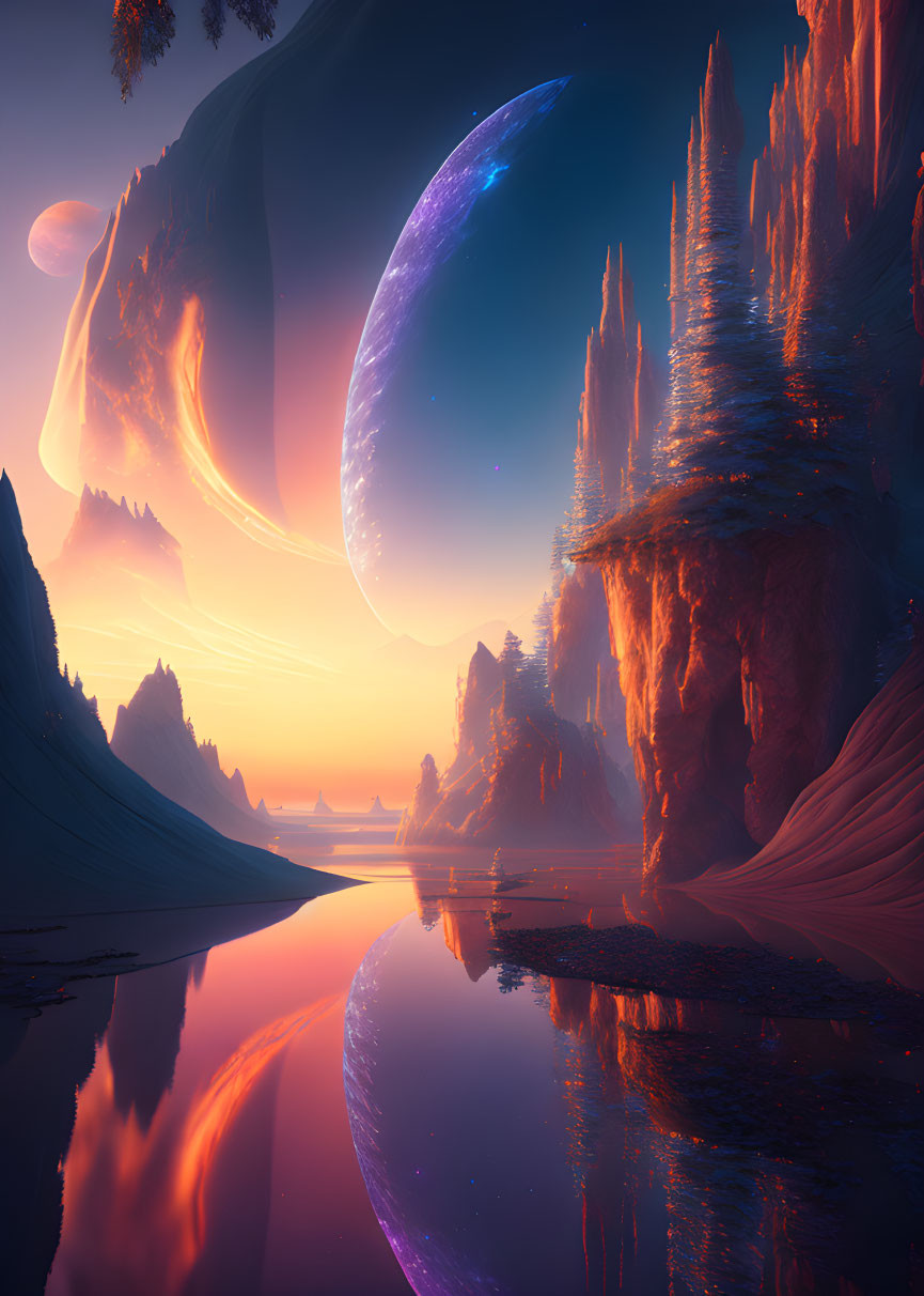 Surreal alien landscape with towering rock formations and large planet.