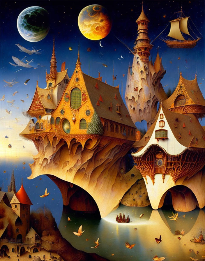 Fantasy landscape with vibrant floating castle and night sky