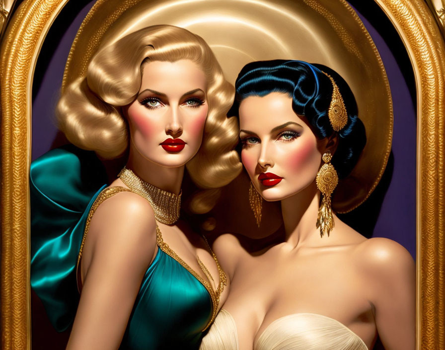 Vintage-inspired portrait of two glamorous women in elegant attire and jewelry