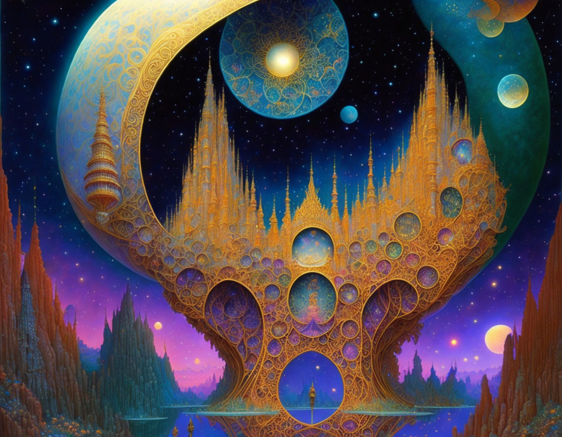 Ornate golden structures in cosmic scene with celestial bodies