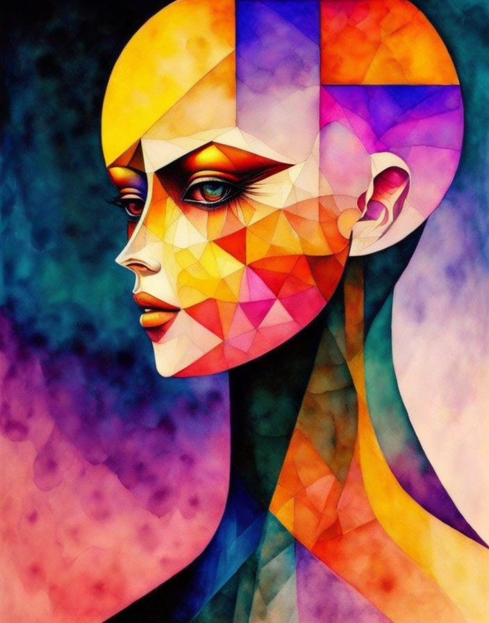 Vibrant Cubist-style Portrait with Orange, Purple, and Yellow Palette