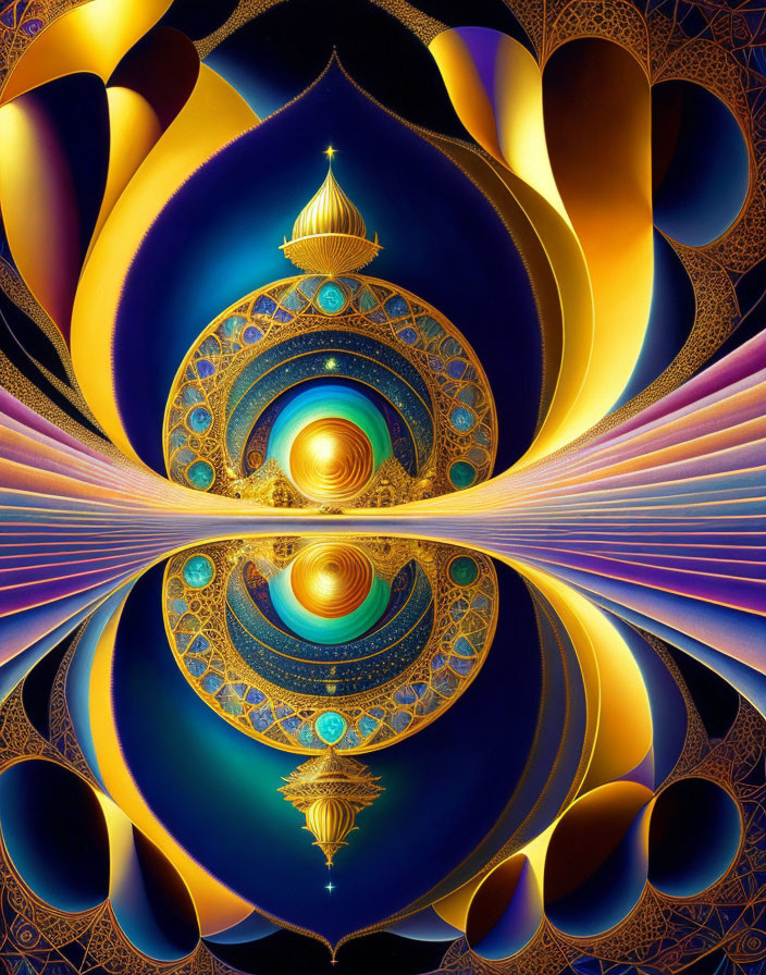 Symmetrical ornate digital artwork with central dome and petals in blue, gold, purple