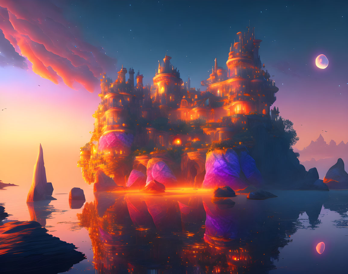 Glowing castle on island with colorful stones under dual moons