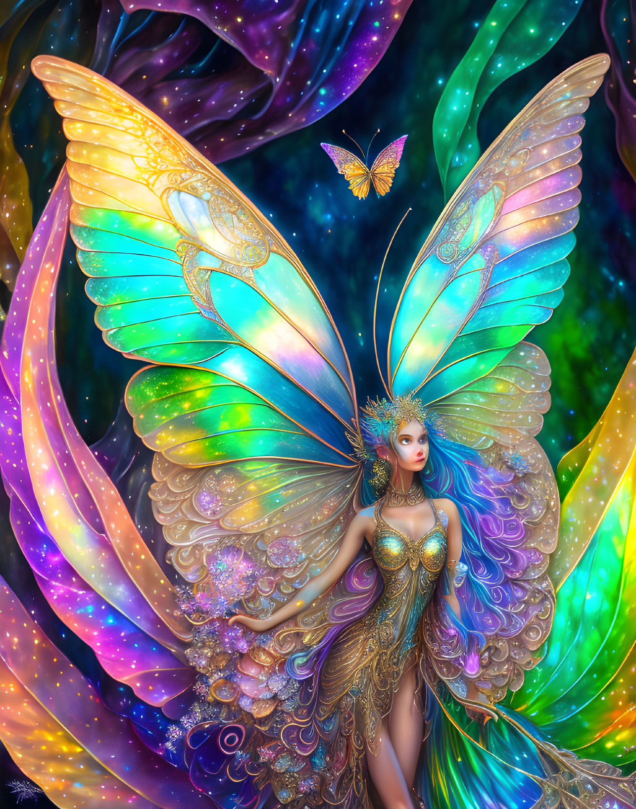 Fantasy illustration: Woman with iridescent butterfly wings and cosmic colors.