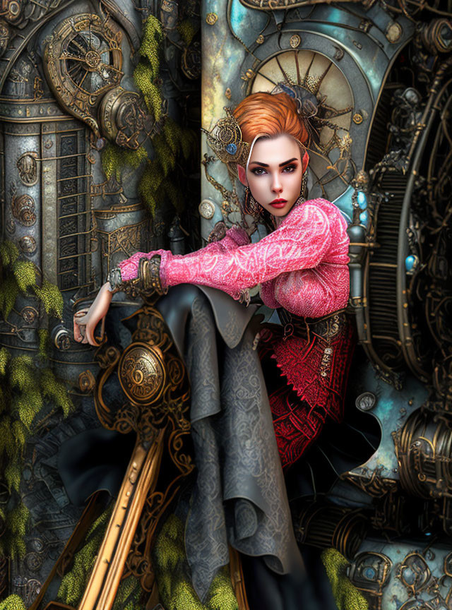 Young Woman in Steampunk Setting with Gears and Moss