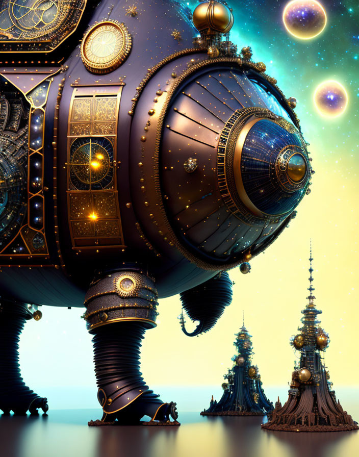 Steampunk-style fantasy illustration with mechanical spheres and towers under starry sky