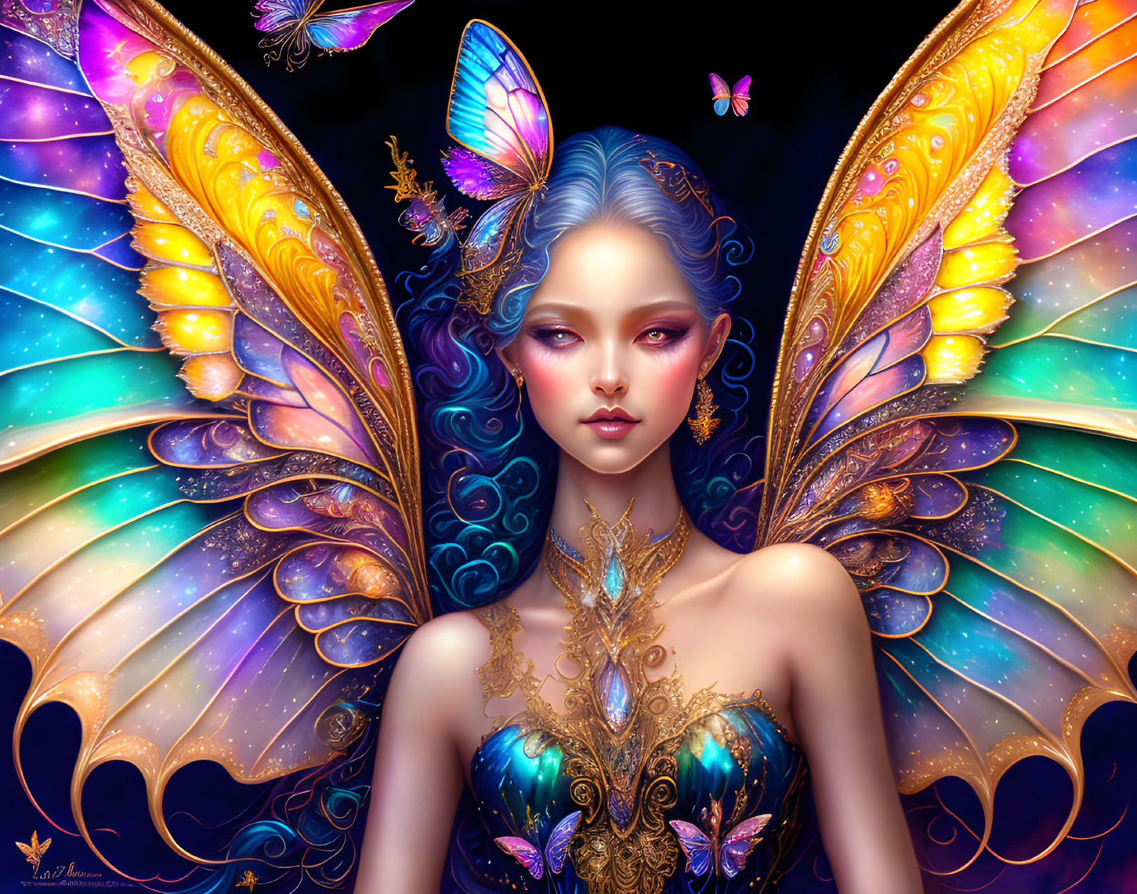 Fantastical being with vibrant butterfly wings and ornate attire on dark background