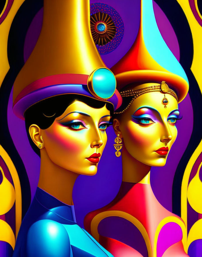 Stylized female figures in elongated hats and colorful attire on vibrant background