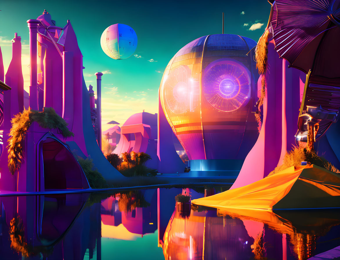 Futuristic cityscape with neon colors, spherical buildings, and hot air balloon at dusk