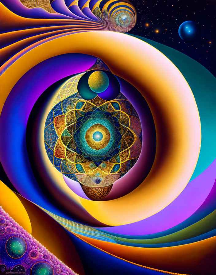 Colorful digital artwork: swirling patterns, eye motif, celestial bodies, organic shapes.