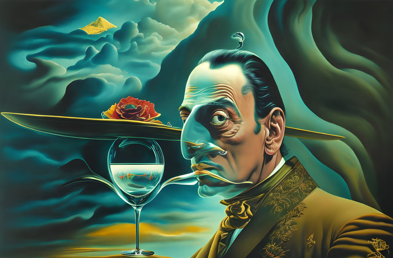 Man with gold plane on nose holding wine glass against mountain and clouds
