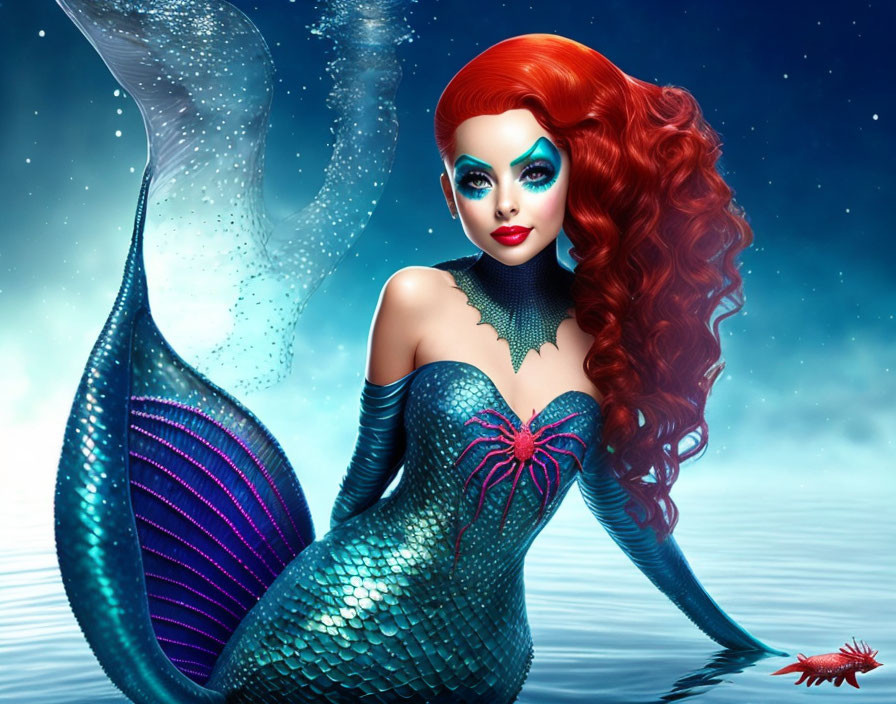 Illustrated red-haired mermaid with blue tail and corset in ocean setting
