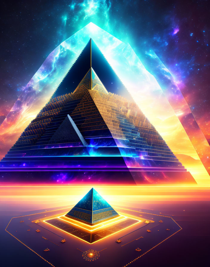 Futuristic neon-lit pyramid reflected on glass, cosmic starry sky in triangular frame