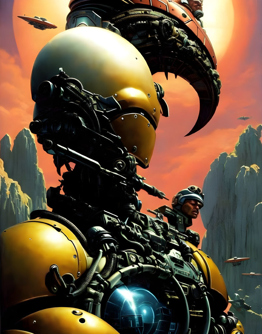 Pilot in helmet next to futuristic armored suit on rocky planet