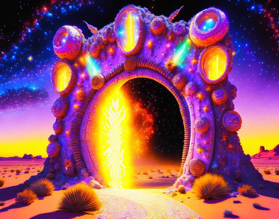 Colorful psychedelic portal in desert under starry sky with fiery gateway