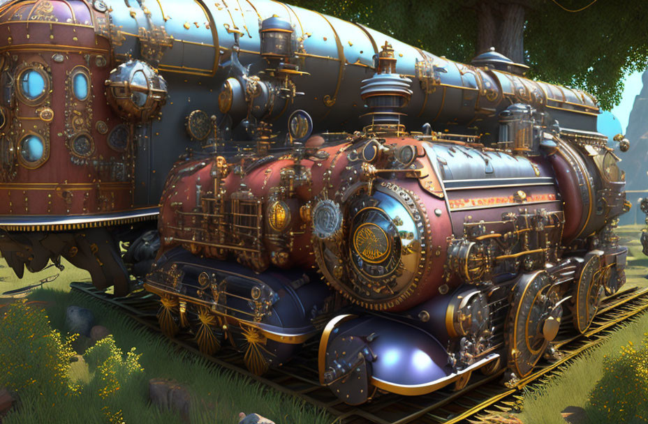 Fantastical steampunk locomotive on lush tracks