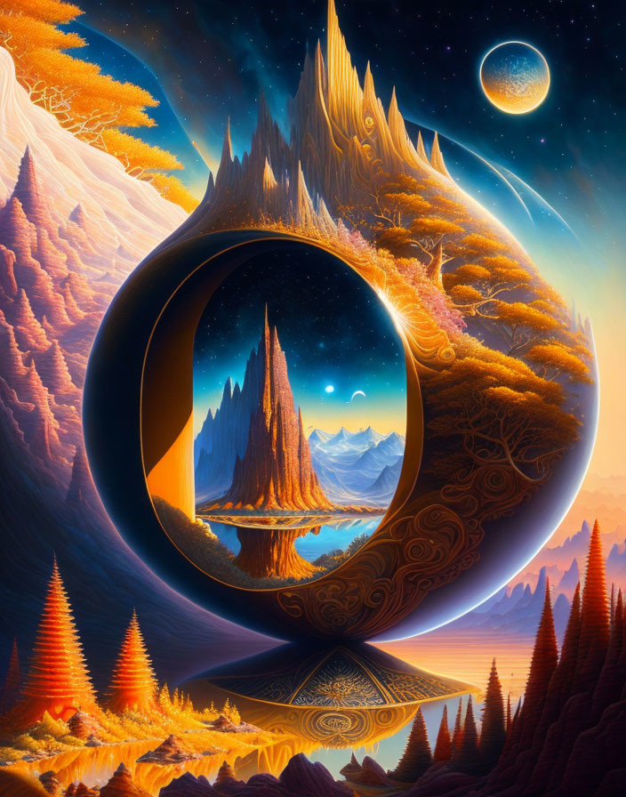 Surreal landscape with teardrop-shaped portal, mountains, starry sky, trees, and